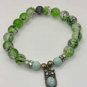Green and Silver Beaded Owl Charm Bracelet
